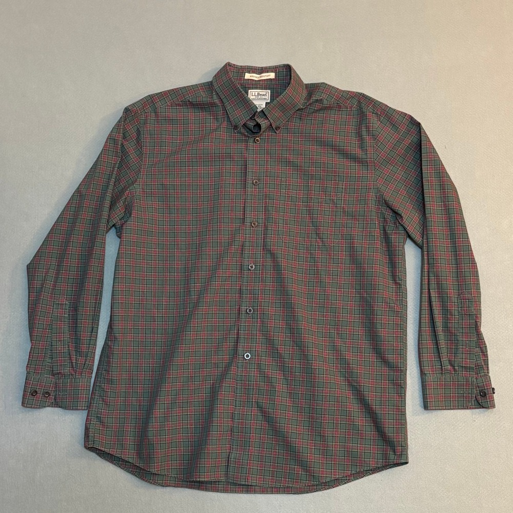 LL Bean Mens Wrinkle Resistant Plaid Button Down Shirt Green Red Large L-REG